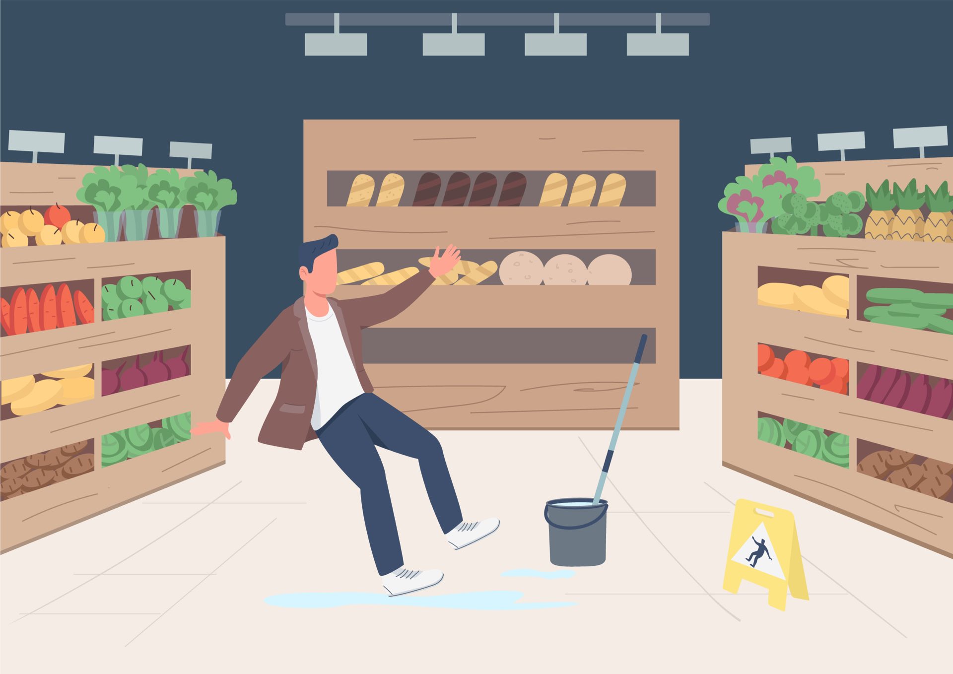Cartoon of a man slipping in a grocery store