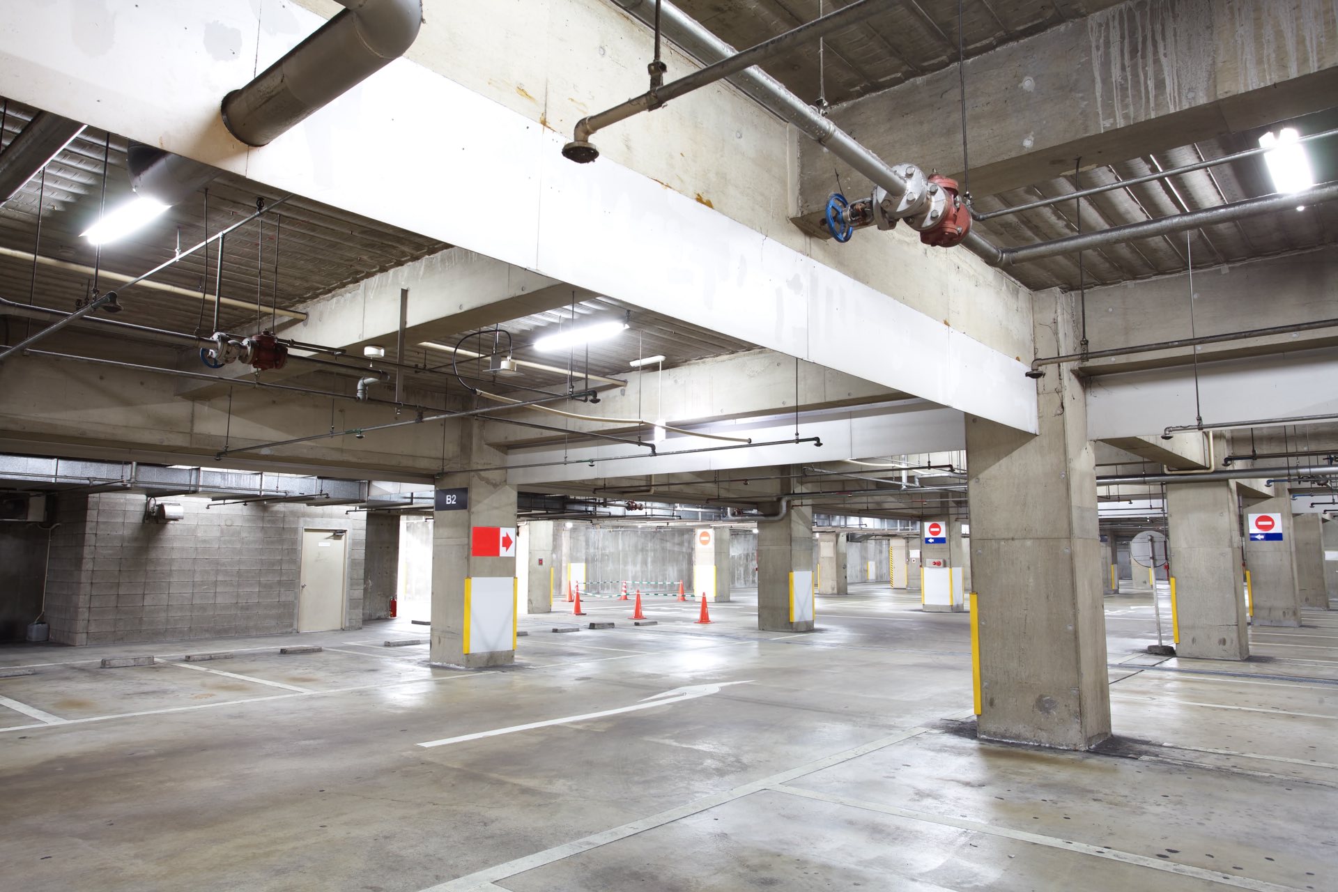 Empty parking garage with a bunch of lights