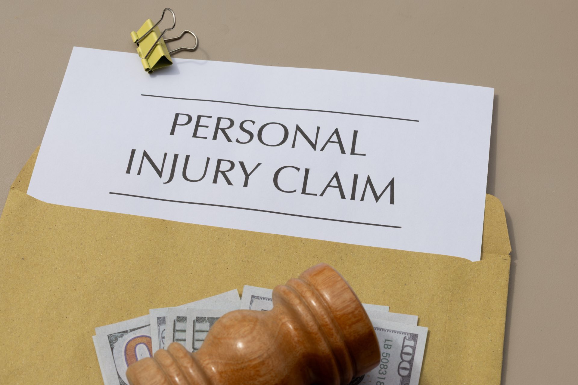 Piece of paper that says personal injury claim inside an envelope with money and a gavel on top