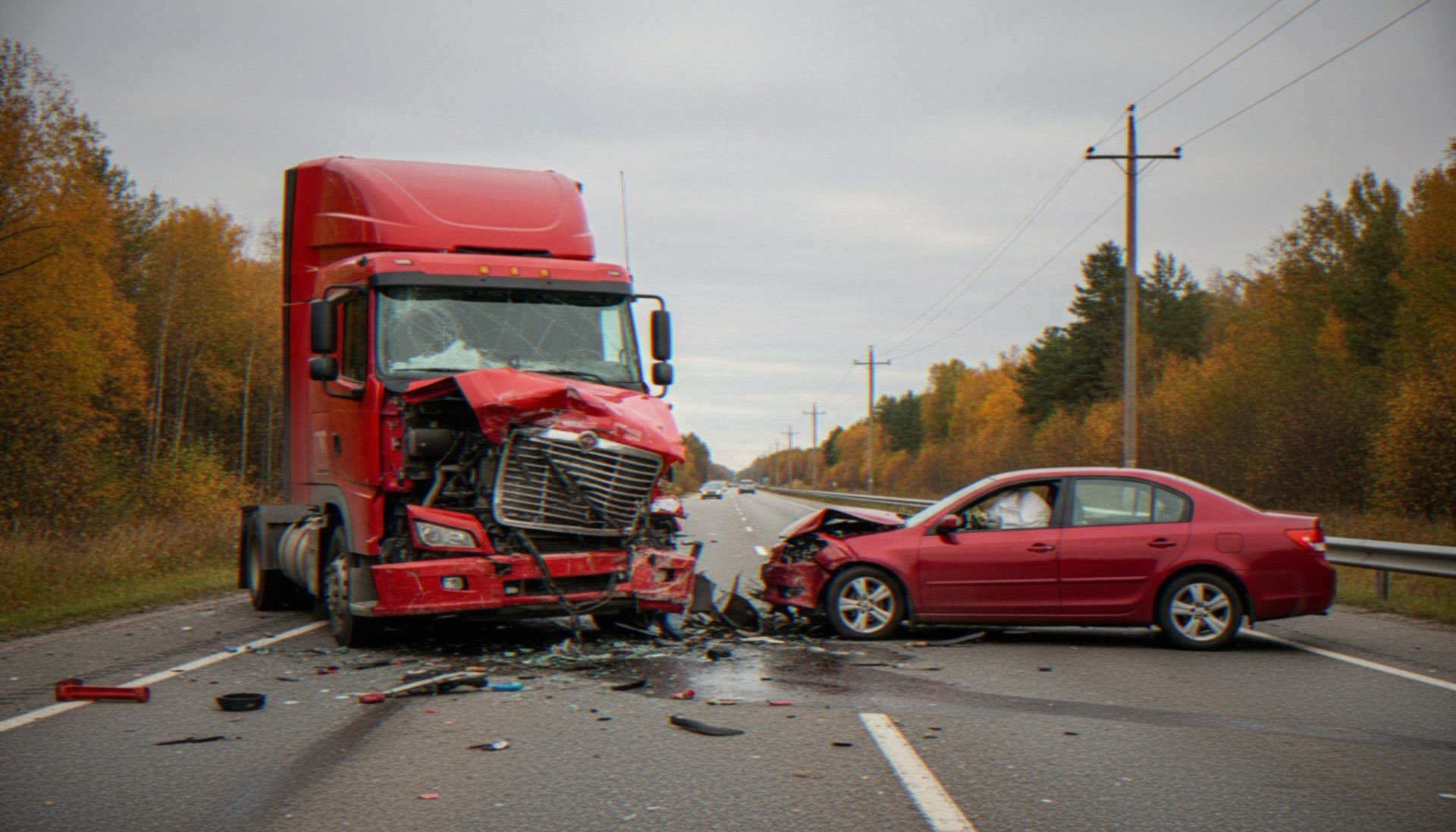 A head on collision with a red truck and a red car