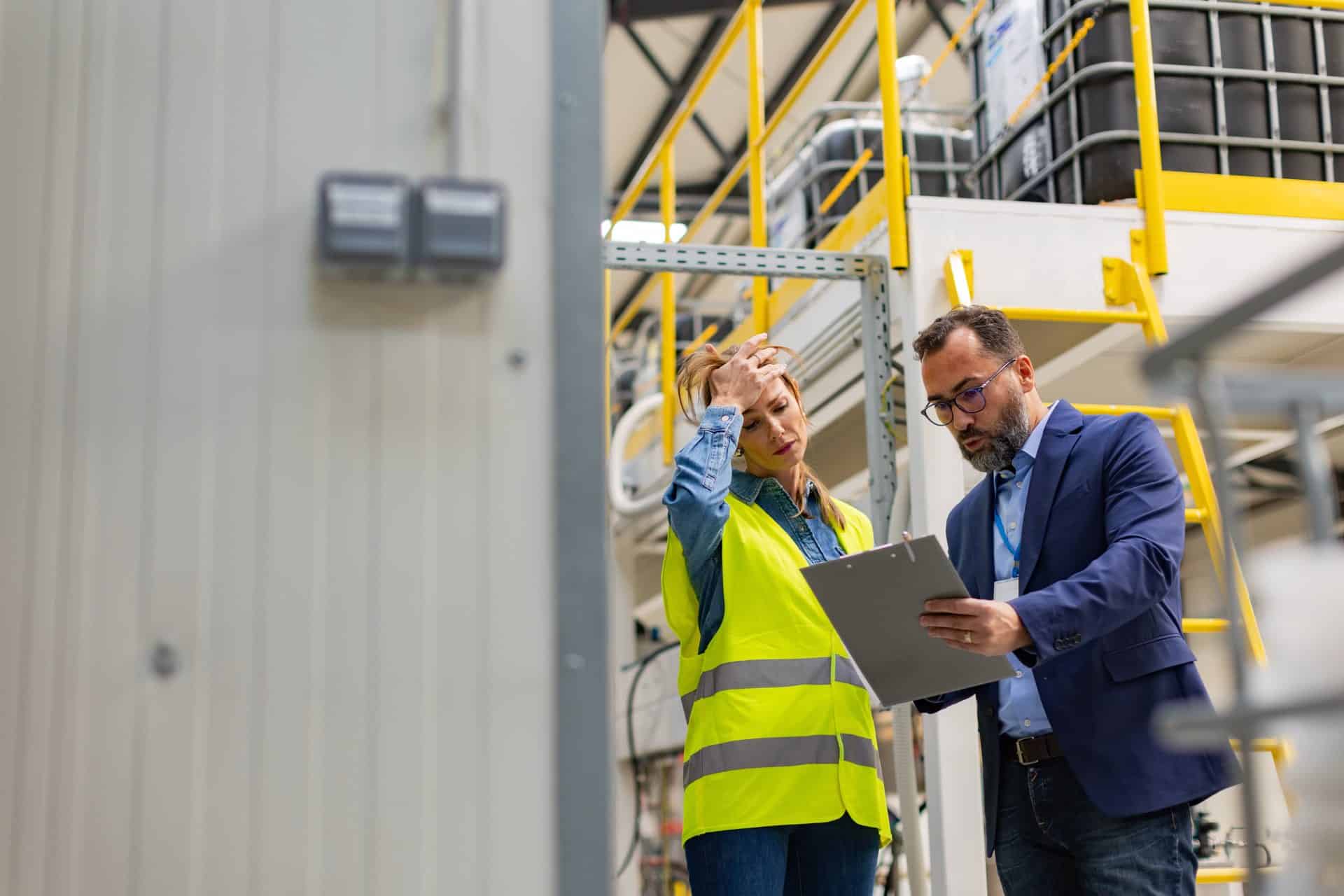 A person in a suit holding a clipboard talking to a person in a construction vest