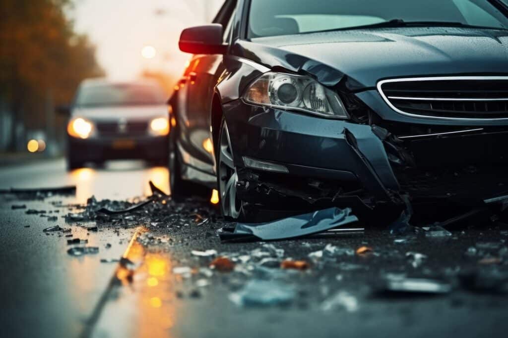 Damaged car after accident on city street | auto accident lawyer in nyc | Gash & Associates, P.C.