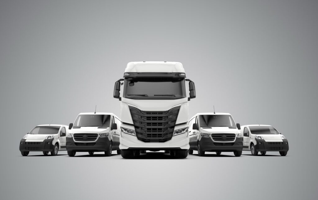 Grey background with five white commercial vehicles